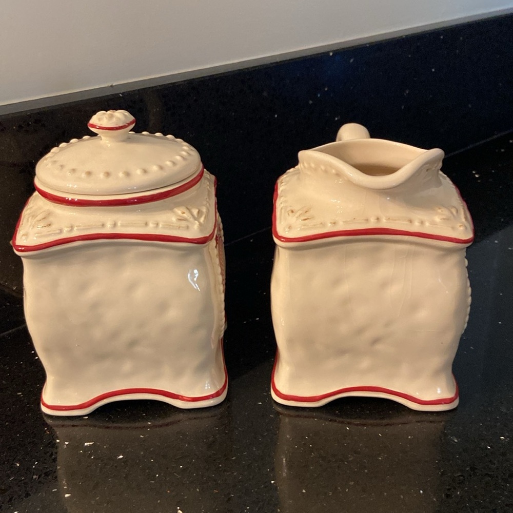 Farmhouse SET Sugar & Creamer Dark Red & Cream Plaid Rustic Cottagecore Country - Picture 2 of 16